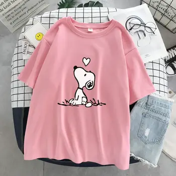 2026 New Snoopy Cartoon Anime Women T-shirt Summer Short Sleeve White Cotton Men Tee Shirts Tops Fashion Couple Clothes Tops 1