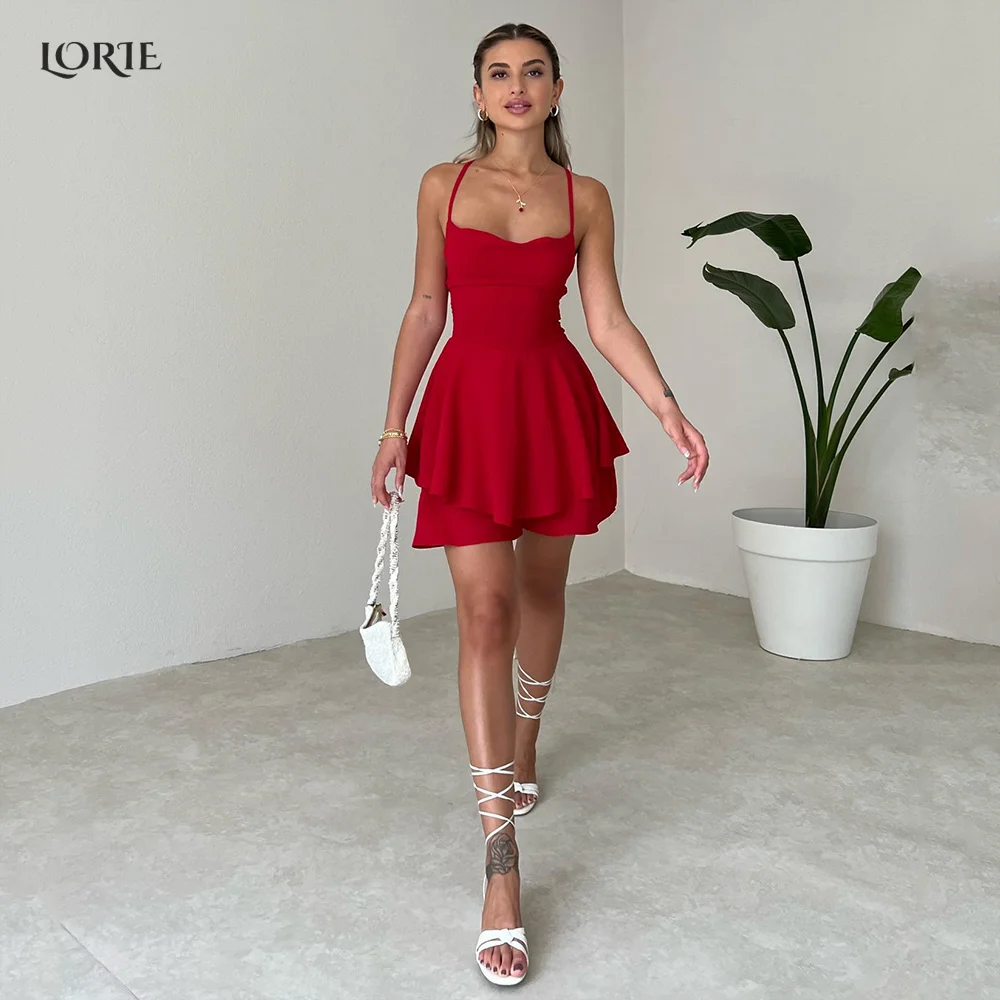 

LORIE Red Cocktail Party Gowns Spaghetti Straps A-Line Dubai Graduation Prom Dresses Tiered Ruffles Skirt Arabia Celebrity Gown
