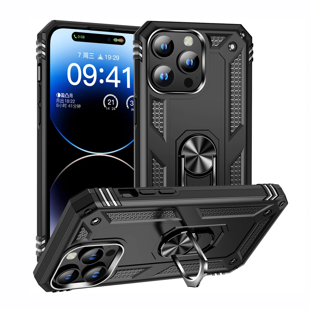 

Military Grade Armor Case for iPhone, Shockproof Cover with Magnetic Metal Ring Holder, 14 15 11 12 13 Pro Max XR XS 7 8 Plus