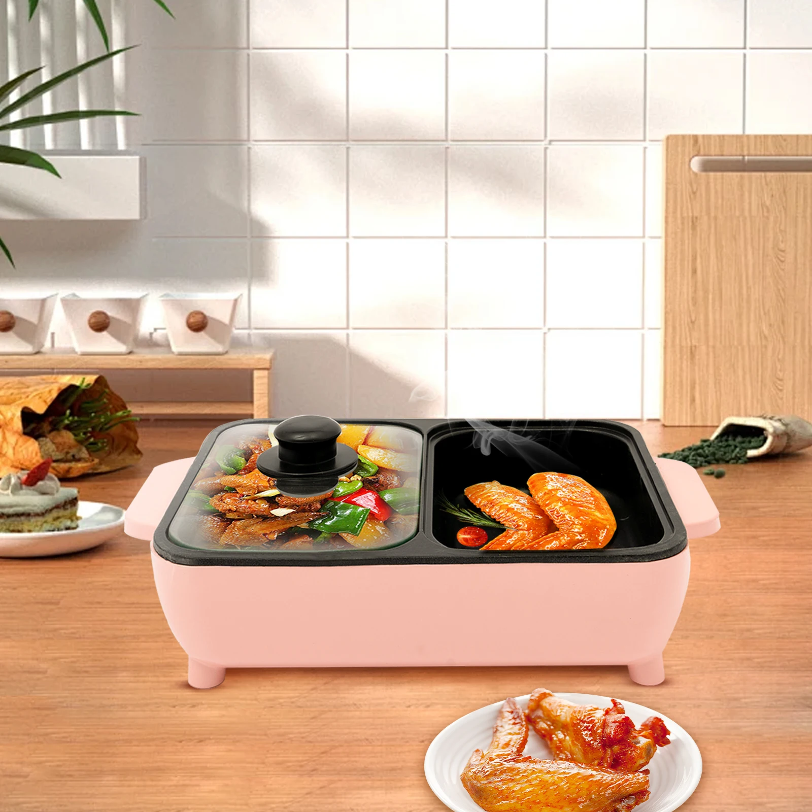 2 in 1 Electric Hot Pot Barbecue Grill Non-Stick Pan 110V Mini Shabu Shabu Hot Pot BBQ Grill Portable Home Kitchen Tools
