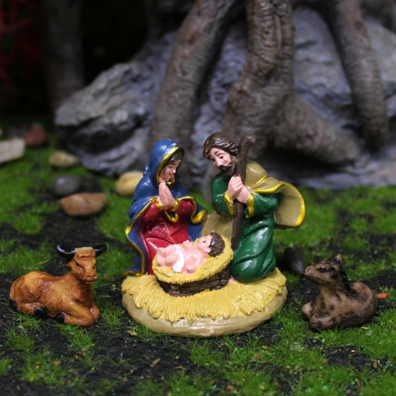 1set Birth Of Holy Statue Ornament Meaningful Nativity Scene Crafts Resin Christmas Manger Catholic Tabletop Figurine