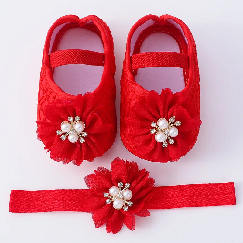 Baby Girl Shoes 0-18months Baby Girls Shoes And Headband Soft Sole Non-Slip Pearl Flower Princess Wedding Dress Crib Shoes Newborn Girls
