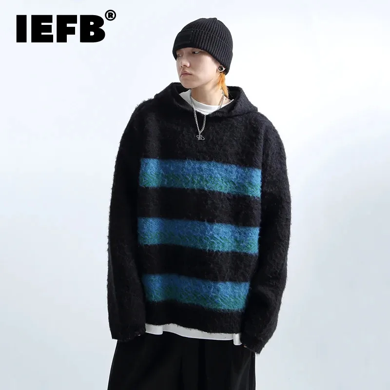 

IEFB Men Hooded Sweater Stripe Wool Blended Hoodies Loose Niche Design Male Pullover Tops Fashion Autumn Winter Clothing 24X1395