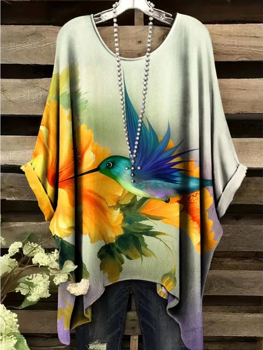 Summer Women's T-Shirt Hummingbird Peacock Print Round Neck Tail Comfortable Short Sleeve Oversized Tee Irregular Hemline Tops 2