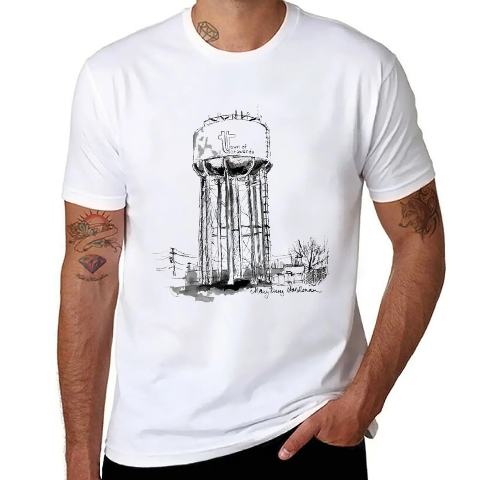 

New Buffalo, NY Town of Tonawanda Water Tower, Hand-Drawn Ink Drawing by Mary Kunz Goldman T-Shirt graphic t shirt men clothing