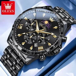 OLEVS Men's Stainless Steel Waterproof Quartz Watch with Moon Phase and Luminous Calendar (Black)