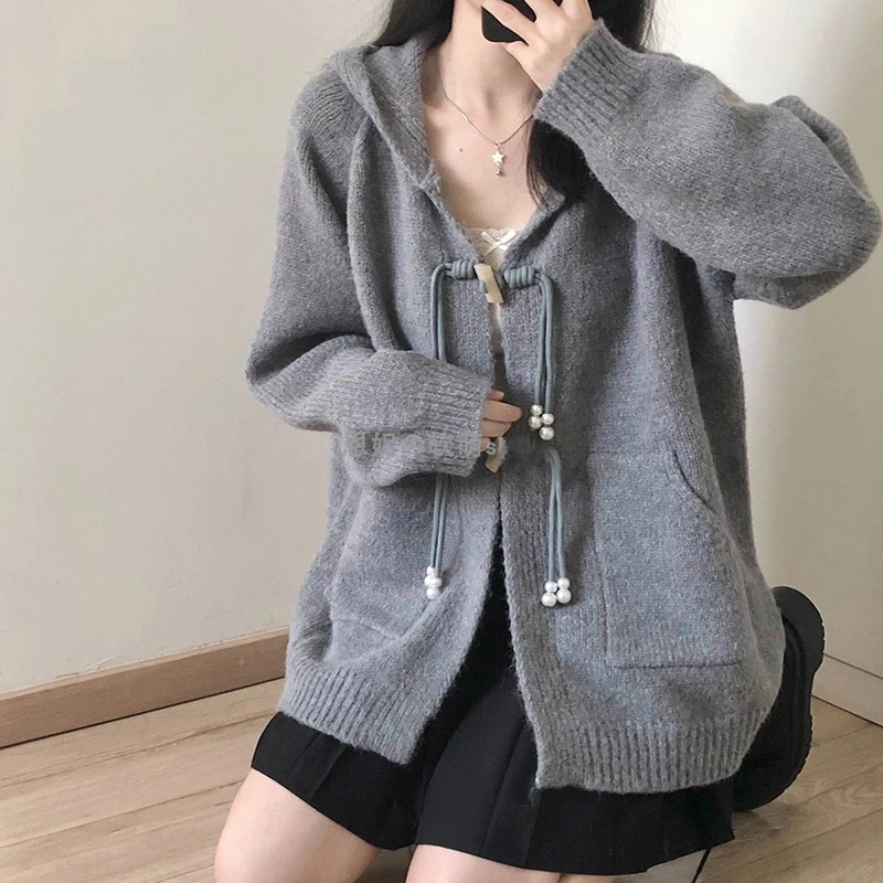 여성용 가디건 스웨터, 여성 패션 스트리트웨어, 루즈 니트 코트, 캐주얼 올매치 한국 후드 재킷, 가을 신상
