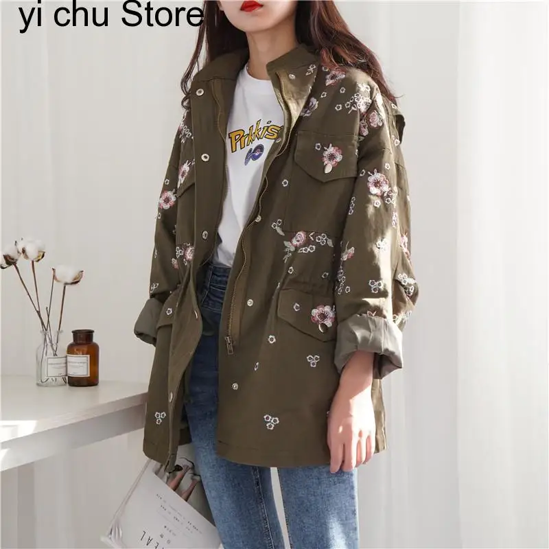 

New High Quality Autumn Vintage Flower Embroidery Women's Tooling Trench Casual Fashion Casual Windbreaker Coat