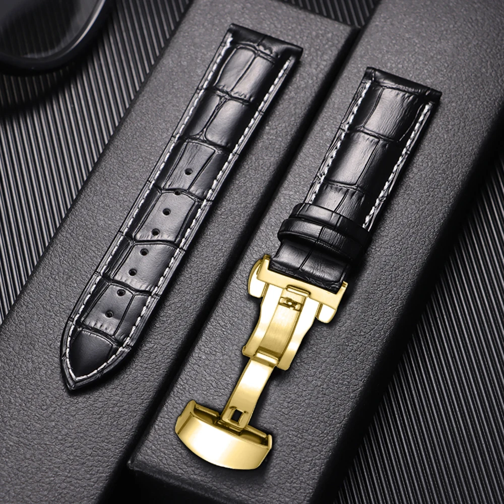 Elegant Genuine Leather Men's Watch Strap with Metal Butterfly Buckle