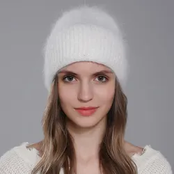 CNTANG 2023 Trend Women Hat Winter Warm Angora Long Rabbit Fur Beanies Knitted Cashmere Hats For Female Fashion Ladies Cap