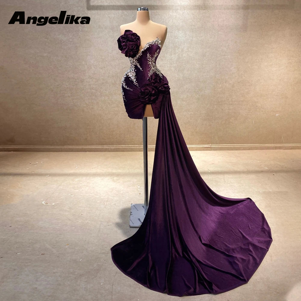 Prom Dress Angelika Elegant Strapless Homecoming Dress For Women Rhinestones Pleat Pearls Sweep Train Robes De Soiree Customized