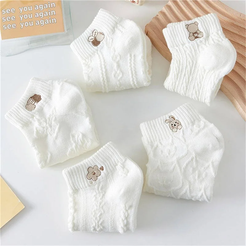 5pairs Women Socks Cute Bear Rabbit Rainbow Print Ankle Short