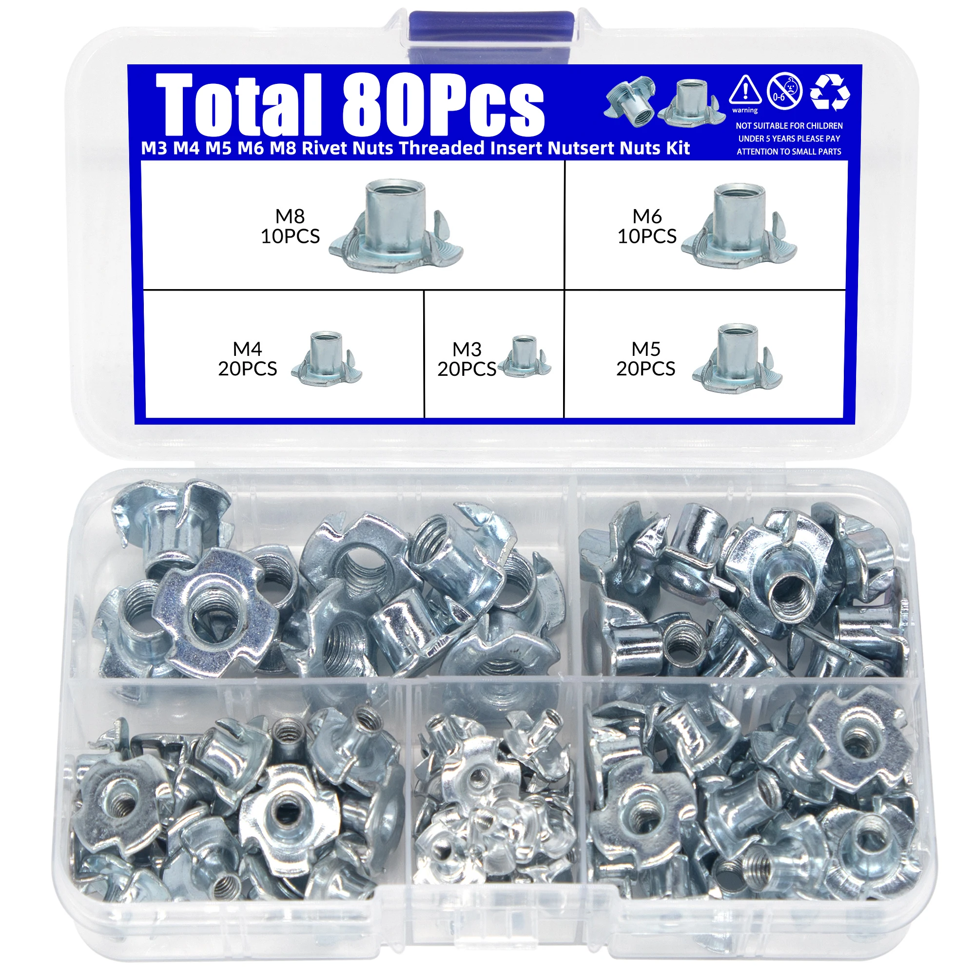 80Pcs Galvanized Four-Claw Nuts M3-M8 Carbon Steel Four-Point Impact Nuts Suitable For Wooden Furniture Maintenance four claws nut,carbon steel nuts