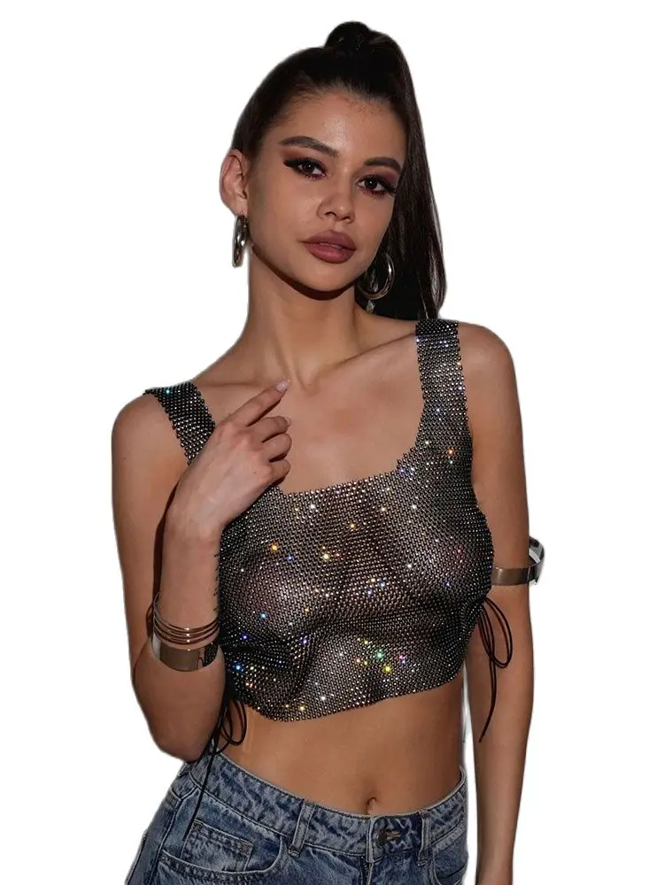 

Luxury Rhinestone Skinny Festival Sexy Tank Top Women See Through Sleeveless Backless Elastic Shiny Night Club Woman y2k Tops