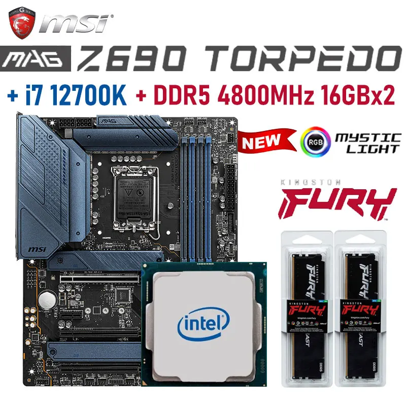 

Intel i7 12700k + MSI MAG Z690 TORPEDO Motherboard Set DDR5 32GB 4800MHz M.2 PCIe 5.0 Placa-mãe Combo ATX LGA 1700 12th Gen New