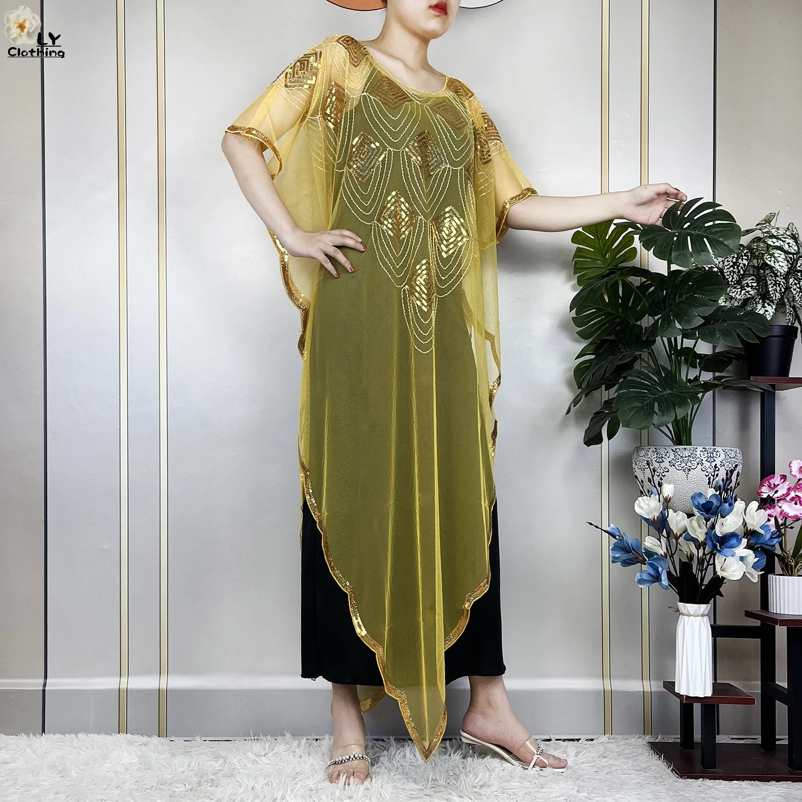 New Summer African Women's Fashion Gown Chiffon 2023 Muslim Dubai Batwing Sleeve Sequins And Fringes Loose Femme Versatile Dress