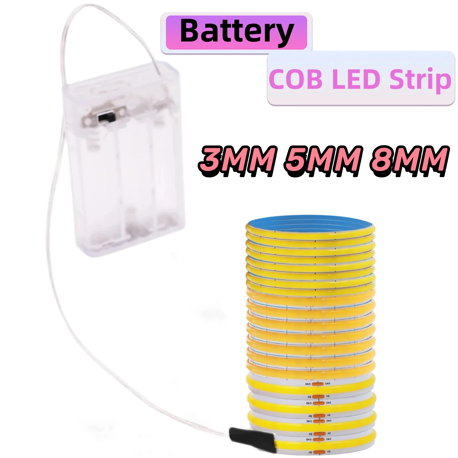 AA 배터리 상자 5V COB LED 스트립 3MM 5MM 8MM 320LED/M 고밀도 유연한 RA90 3000K 4000K 6000K FOB 테이프 로프 야간 조명