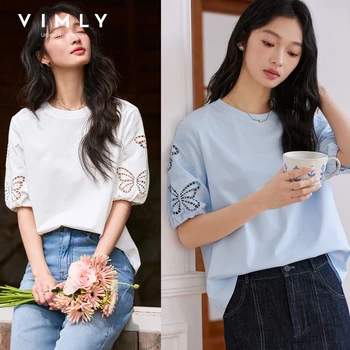 VIMLY White Short Sleeve Tops Casual Women's Summer T-shirt 2026 Bufferfly Embroidered Hollow Out Crew Neck Ladies Tees A0372 1