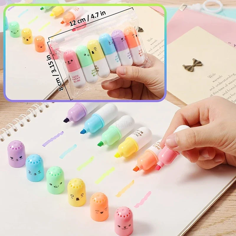 Highlighter Pen 6Pcs Kawaii Mini Pills Set Cute Funny Smiling Face Fluorescent Marker School Office Art Stationery Supplie