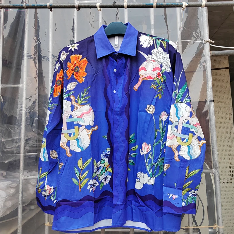 

Real Photos Casablanca Hawaiian Shirt Billiards Flower Print Long Sleeve Tops Beach Holiday Loose Shirt for Men Women