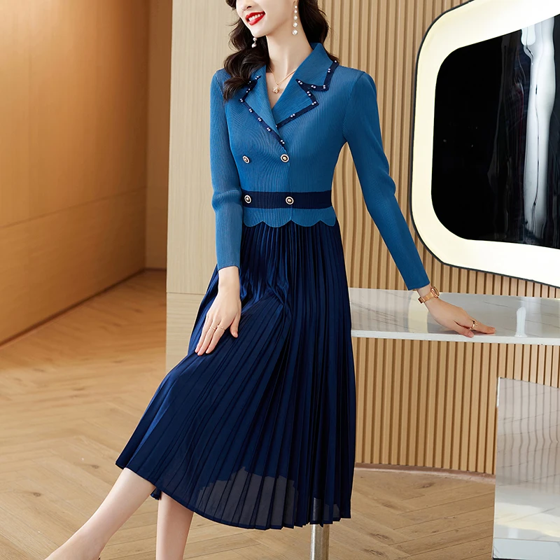 Autumn New Arrival Turn down Collar Double Breasted Wrinkle Women  Pleated Long Dress Vestidos de tricô femenino