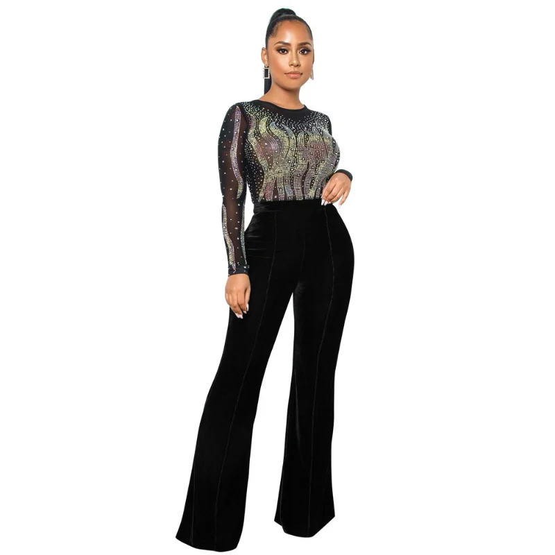 WSFEC Spring 2023 Fashion Jumpsuits Women Clothing Patchwork Velvet Perspective Sequins Wide Leg Club Party Evening Bodysuits