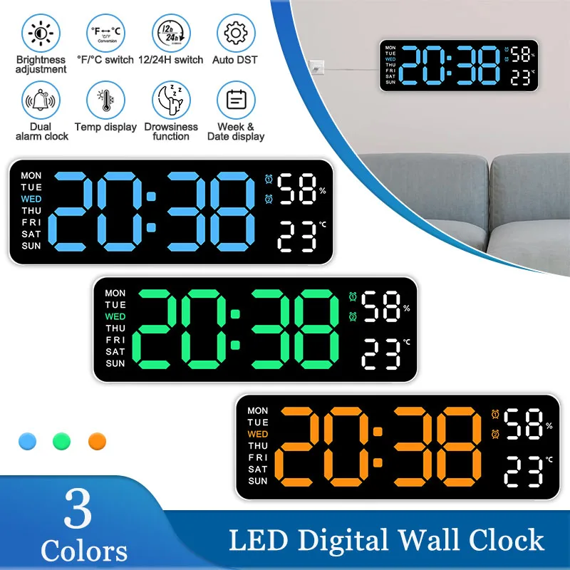 대형 디지털 벽시계, 온도 습도 주간 디스플레이, 밝기 조절 가능, 전자 LED 테이블 알람 시계, 12 H, 24H  Best5