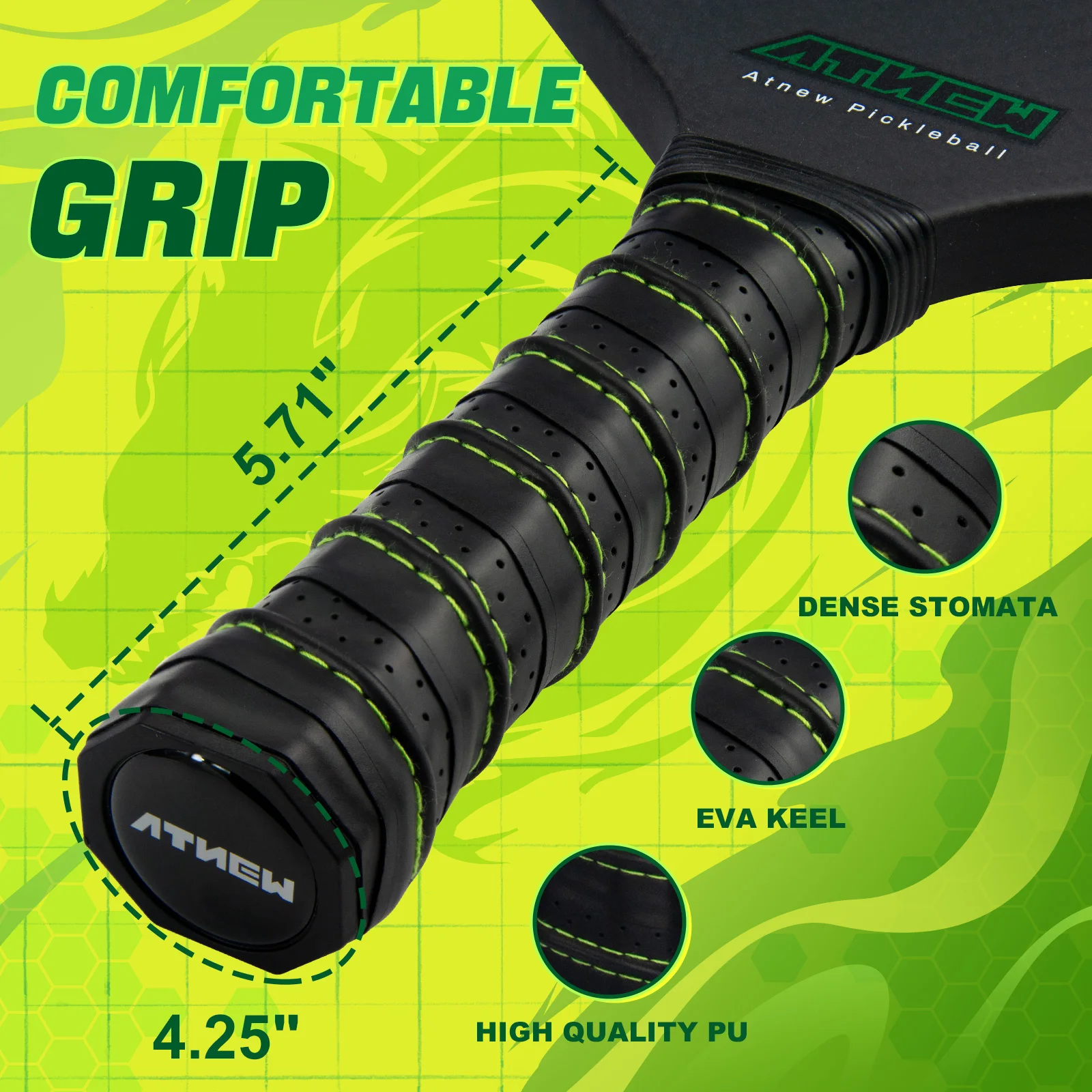 Pickleball Paddle ATNEW BV51-01 T700 Carbon Fiber 3K Surface 16MM PP Honeycomb Core Green Dragon Pattern