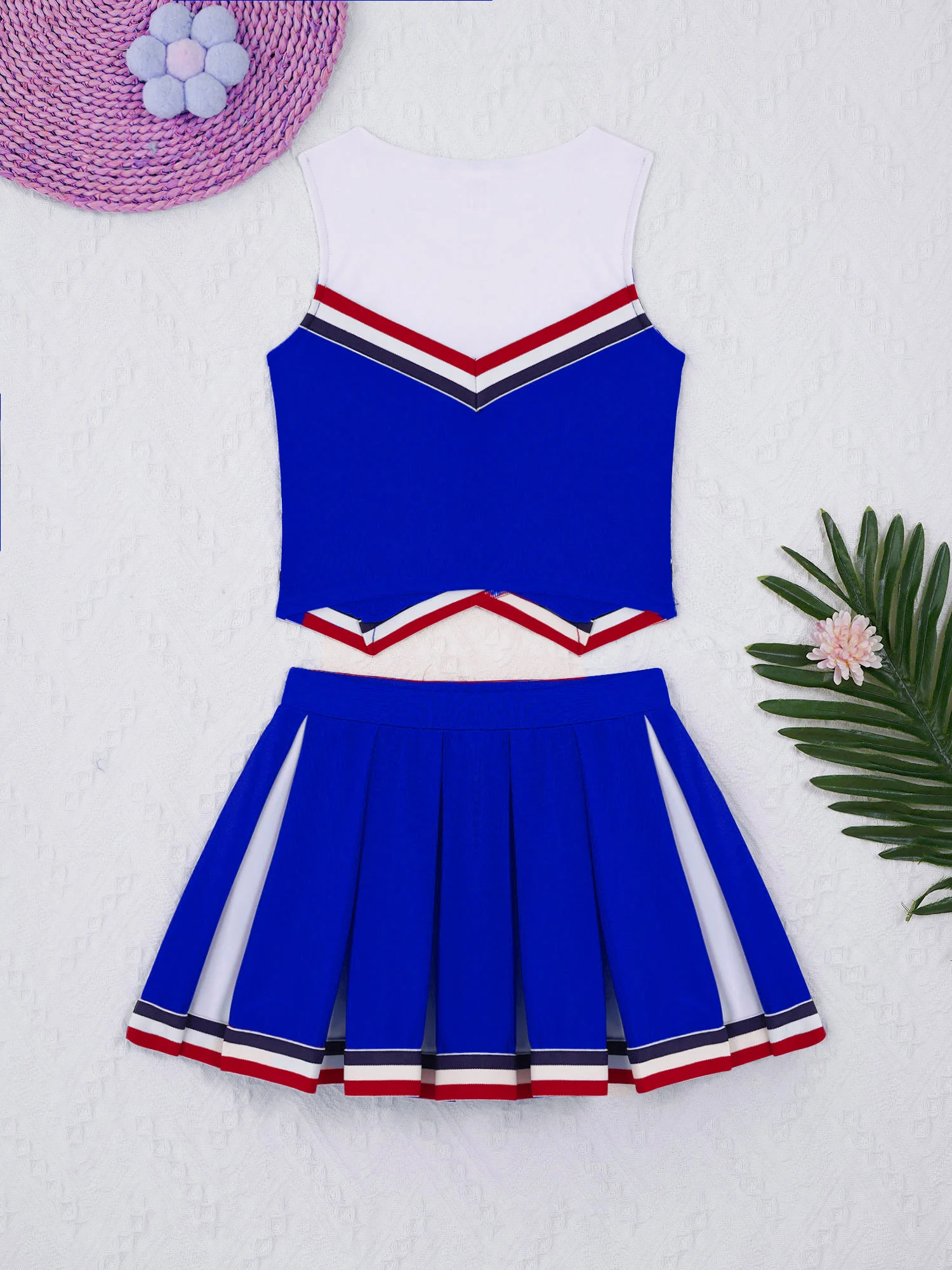 Kids Girls Cheerleading Uniform Dance Costume V Neck Printed Vest with Pleated Skirt and 1 Pair Tassel Flower Balls Outfit Set children cheerleading costumes