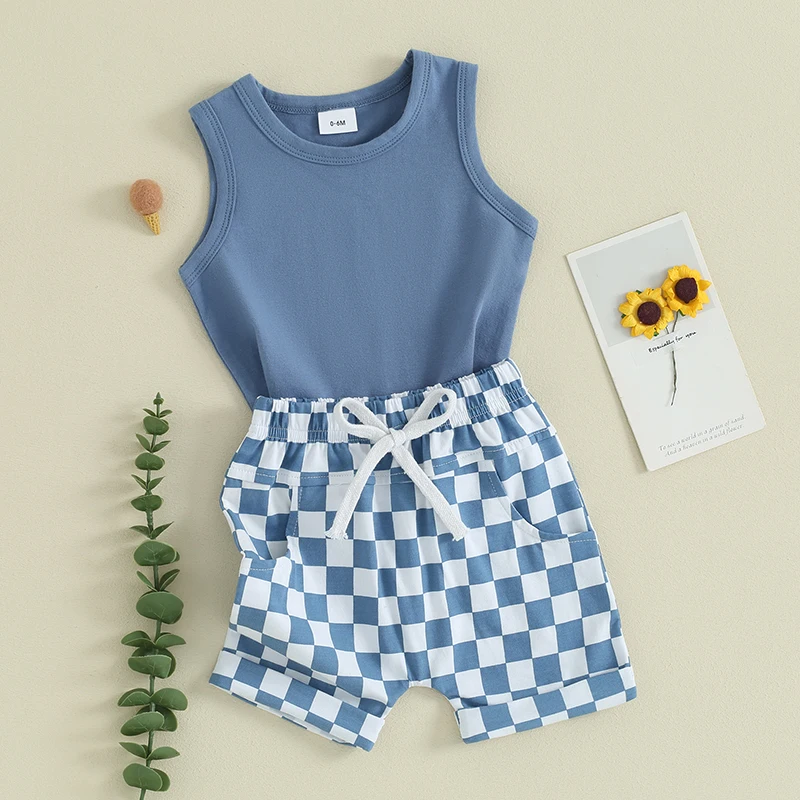 

Toddler Kids Boys Summer Outfits Solid Color Sleeveless Tank Tops and Checkerboard Elastic Waist Shorts 2pcs Baby Clothes Sets