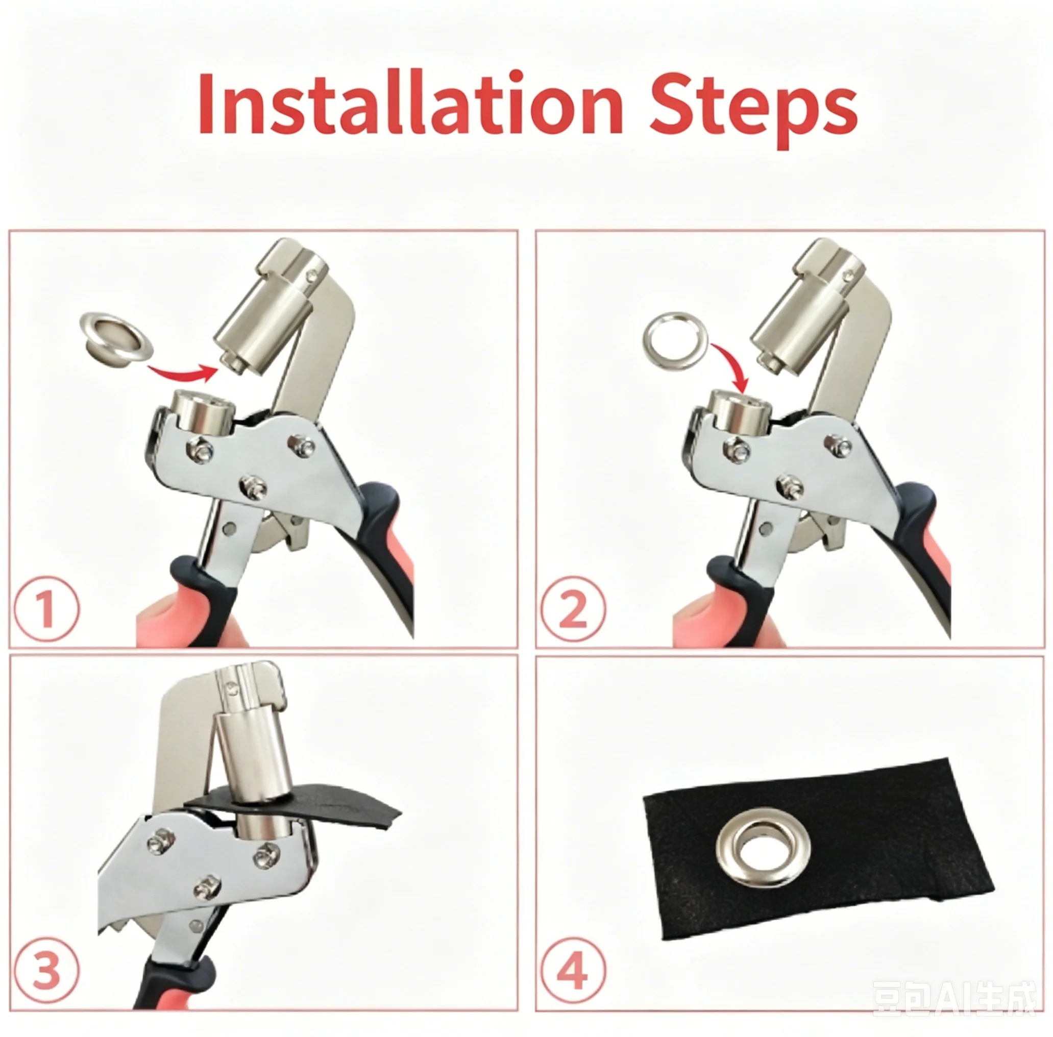 Portable Handheld Grommet Tool Kit with 10mm Silver Grommets and Manual Press Pliers