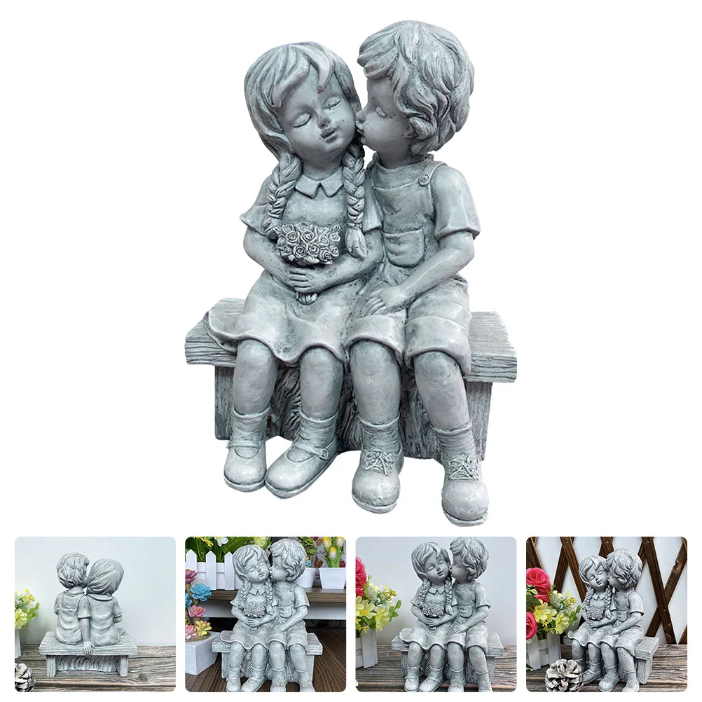 

Happy Yami Home Accessories Decor Statue Garden Decor Boy Girl Sitting Bench Figurine Outdoor Indoor Resin Kissing Couple