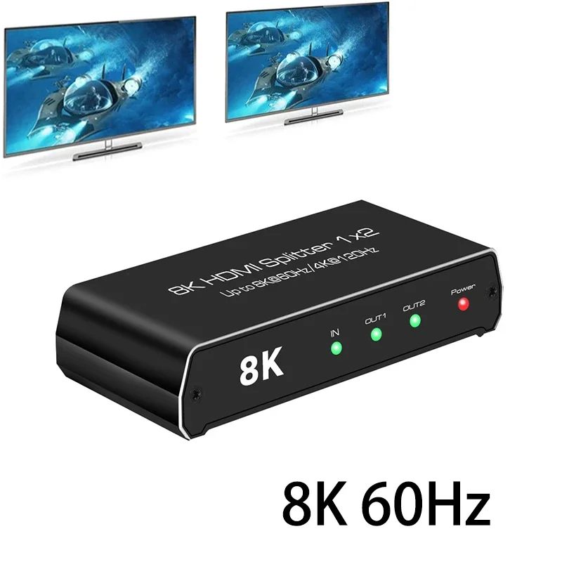 

8K Splitter HDMI 4k 120Hz 3D HDR 1x2 HDMI Splitter 1 In 2 Out Dual Display HDMI2.1 8k60hz Splitter Adapter for PS5 PS4 PC To TV