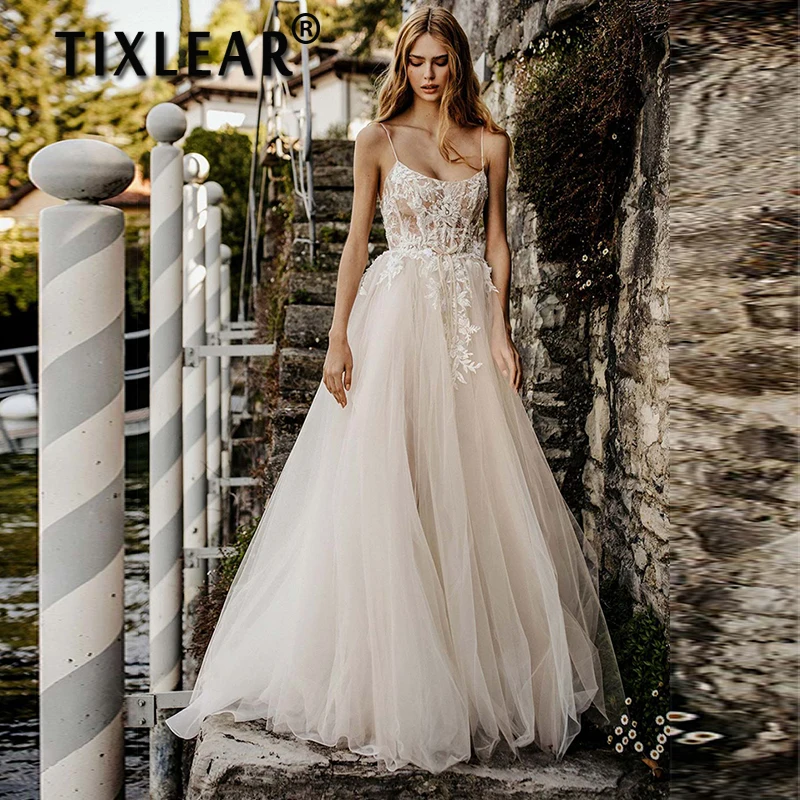 

TIXLEAR Sexy Side Split Spaghetti Tulle Wedding Dress Boho Lace Applique Bridal Gown Open Back Vestidos De Novia Sweep Trian