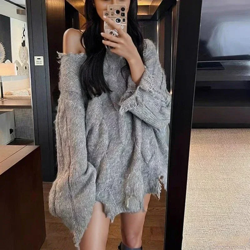 Autumn and Winter Fashion New Ripped Street Women's Long-sleeved Sweater V-neck Elegant Knitwear Solid Color Blouse