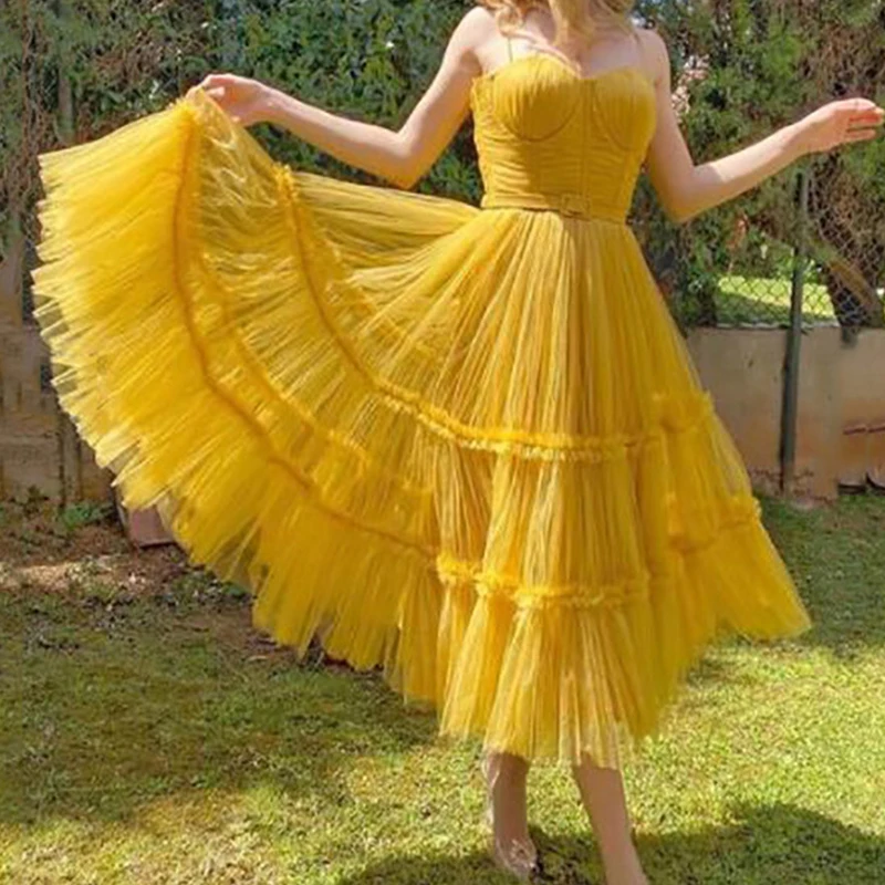

Elegant Yellow Lace Evening Dress Tulle Sleeveless Pleated Prom Dress Off Shoulder Puff Cropped Custom Party Dress Vestido De Ga