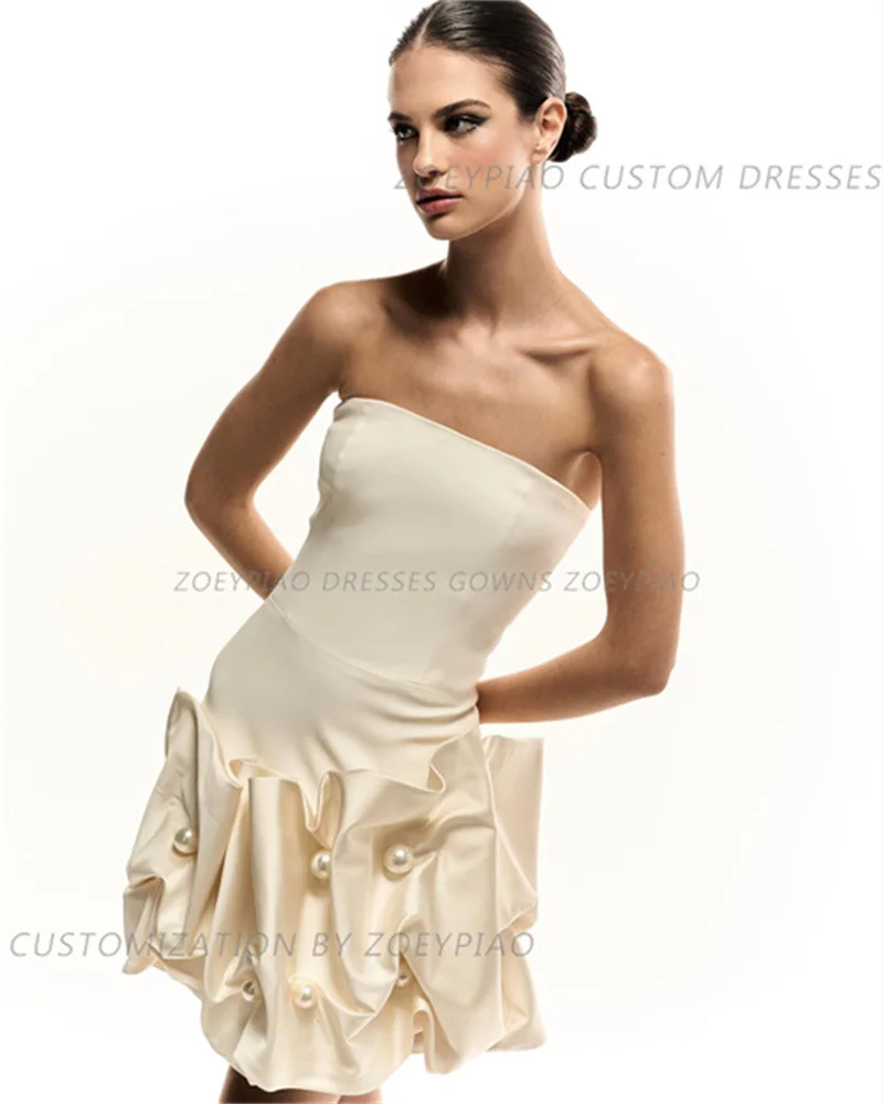 Ivory Pearls Mini Short Wedding Party Dresses Draped Satin Strapless Bridal Gowns Sexy Cocktail Prom Dress Bride Sleeveless