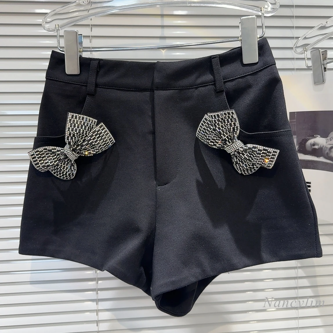 2024 Summer New Hollow Rhinestone Bow Pin Temperament Socialite Slim Fit Short Shorts for Women All-Matching Black Shorts