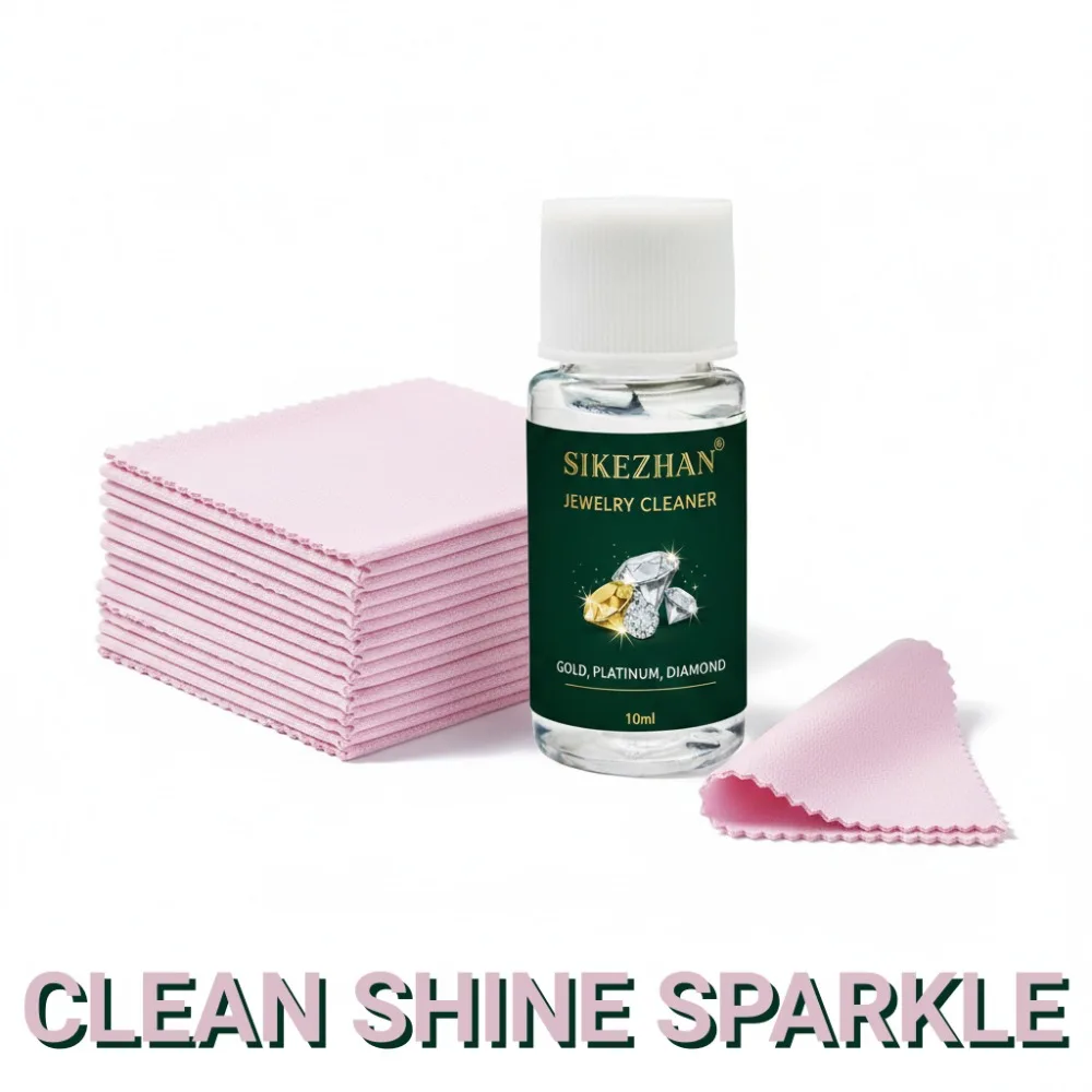 Jewelry Cleaner Solution & Polishing Cloth Set Gold Silver Diamond Tarnish Remover 10ml Liquid + 50pcs Wipes