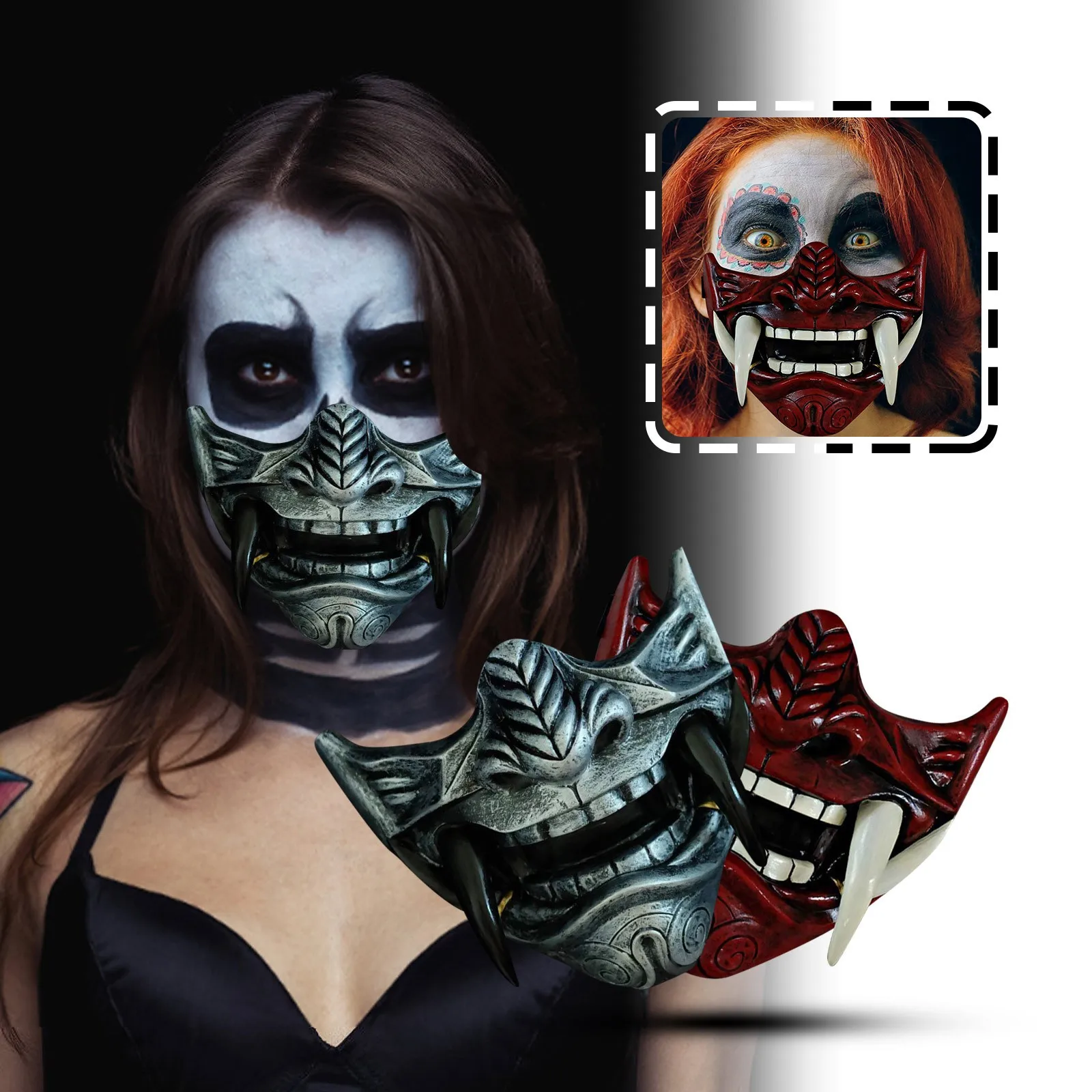 

Japanese Hannya Mask De-Mon Oni Sam-Urai Noh Kabuki Prajna Devil Half Face Mask Cosplay Brinquedo Infantil Prank Adult Toy