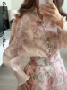 Elegant Printed Long Skirt Set Women Loose Flower Button Full Sleeved Shirt Pleated A-line Skirts 2025 Summer Party Lady Outfits 3