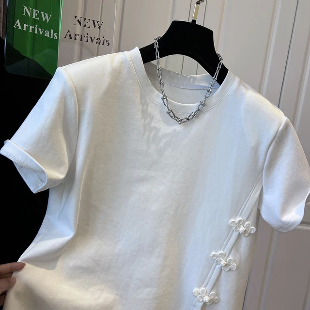 Camiseta de algodón con botones delanteros inclinados para mujer, chaqueta informal que combina con todo, estampado pesado, irregular, Retro, novedad de verano - Image 5