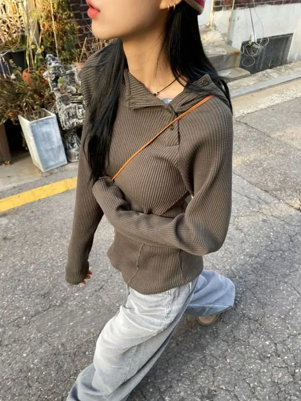 

Korean Chic Gentle Waffle Texture Thin Casual Niche Design Sense Diagonal Buckle Hoodie Female Autumn