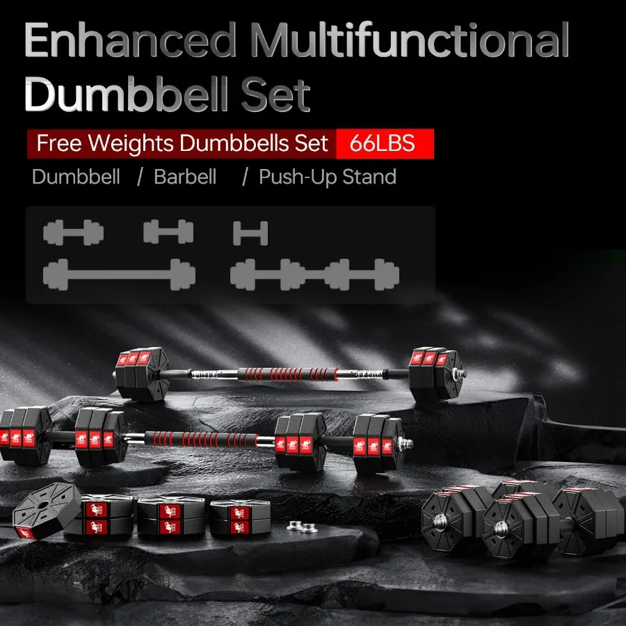 Adjustable Weights Dumbbells Set,66Lbs 3 in 1 Adjustable Weights Dumbbells Barbell Set, Home Fitness Weight Set Gym Workout Exer