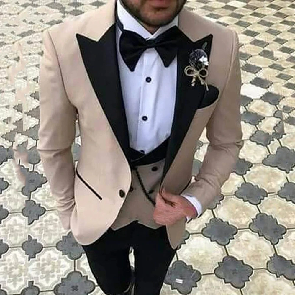 Slim Fit Ivory Male Suits One Button Double Breast Vest Groom Wear Wedding Suit For Men 3 Pieces Suit Set Blazer Costume Homme
