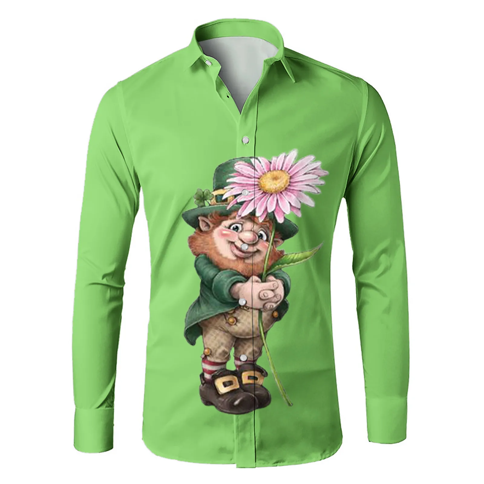 

Men'S St Patrick Day Leprechauns Print Top Shirt Lapel Neck Button Long Sleeve Green Tunic Outdoor Leisure Streetwear Camisa