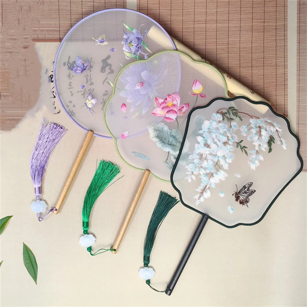 Flower Embroidered Wooden Handle Fan for Dance Wedding Hanfu hand fan,wooden hand fan