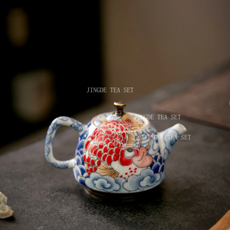 Jingdezhen Ceramic Teapot Tea Set 160ml Japanese Style Blue and White Dragon Fish Teapot Underglaze Colour