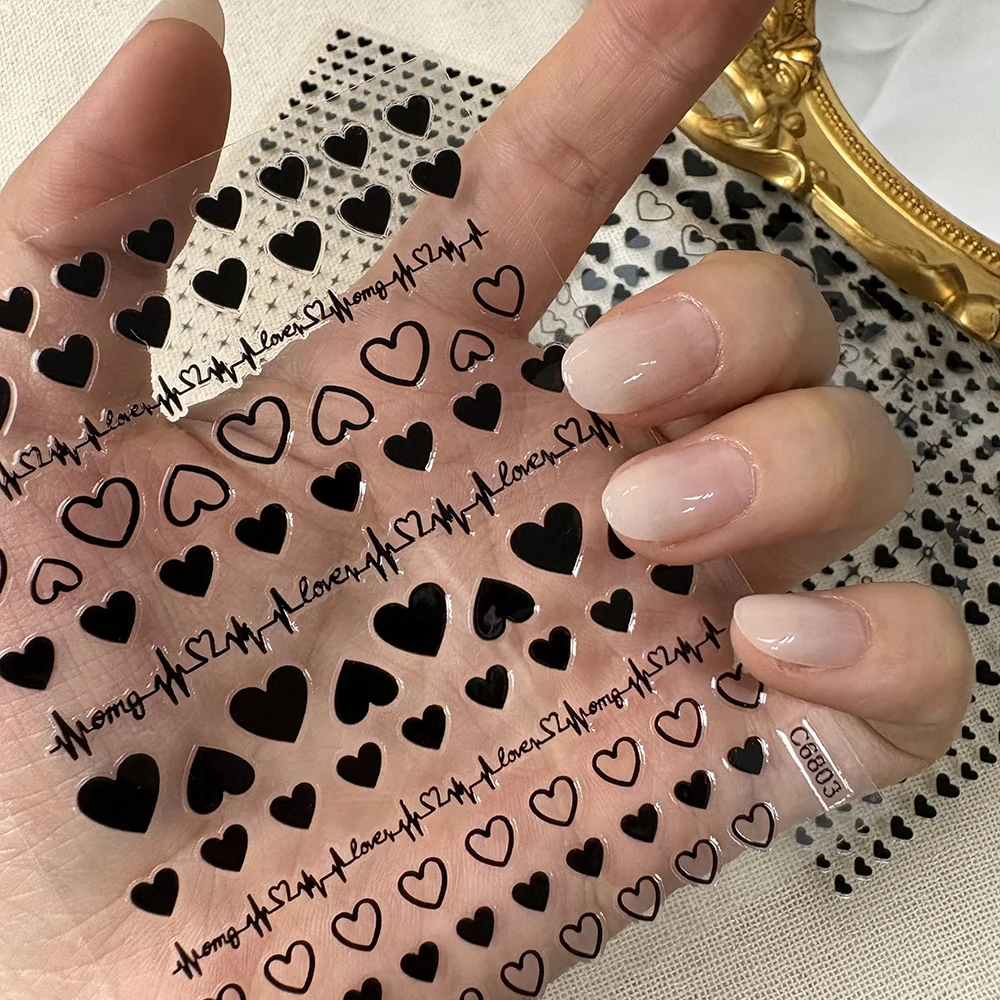 6장 3D 발렌타인 데이 러브 하트 네일 아트 스티커 골드 레이저 하트 셀프 접착 매니큐어 슬라이더 10*8cm DIY 슬라이더 데칼