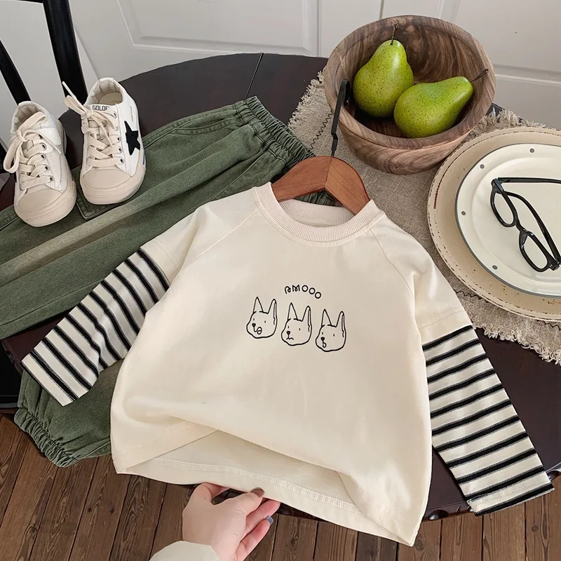

Children Clothing Kids Casual T-shirt Spring and Autumn Fake Two Boys Cartoon Printed Shirt 2024 New Long Sleeve Striped Top
